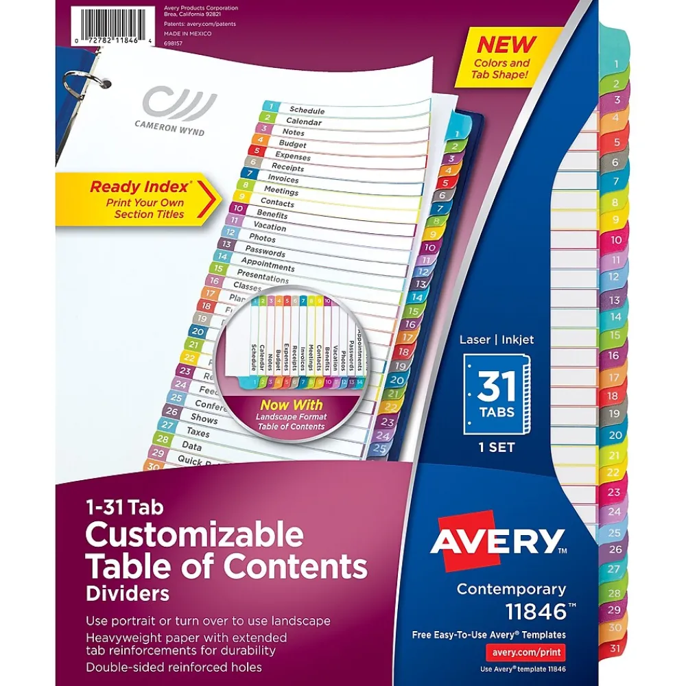 Dividers|Avery Ready Index Table of Contents Paper Dividers, 1-31 Tabs, Contemporary Multicolor (11846)