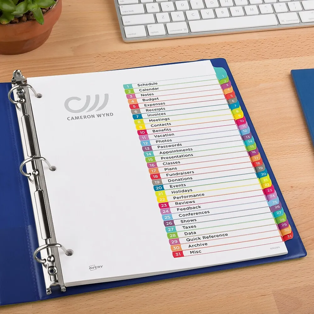 Dividers|Avery Ready Index Table of Contents Paper Dividers, 1-31 Tabs, Contemporary Multicolor (11846)