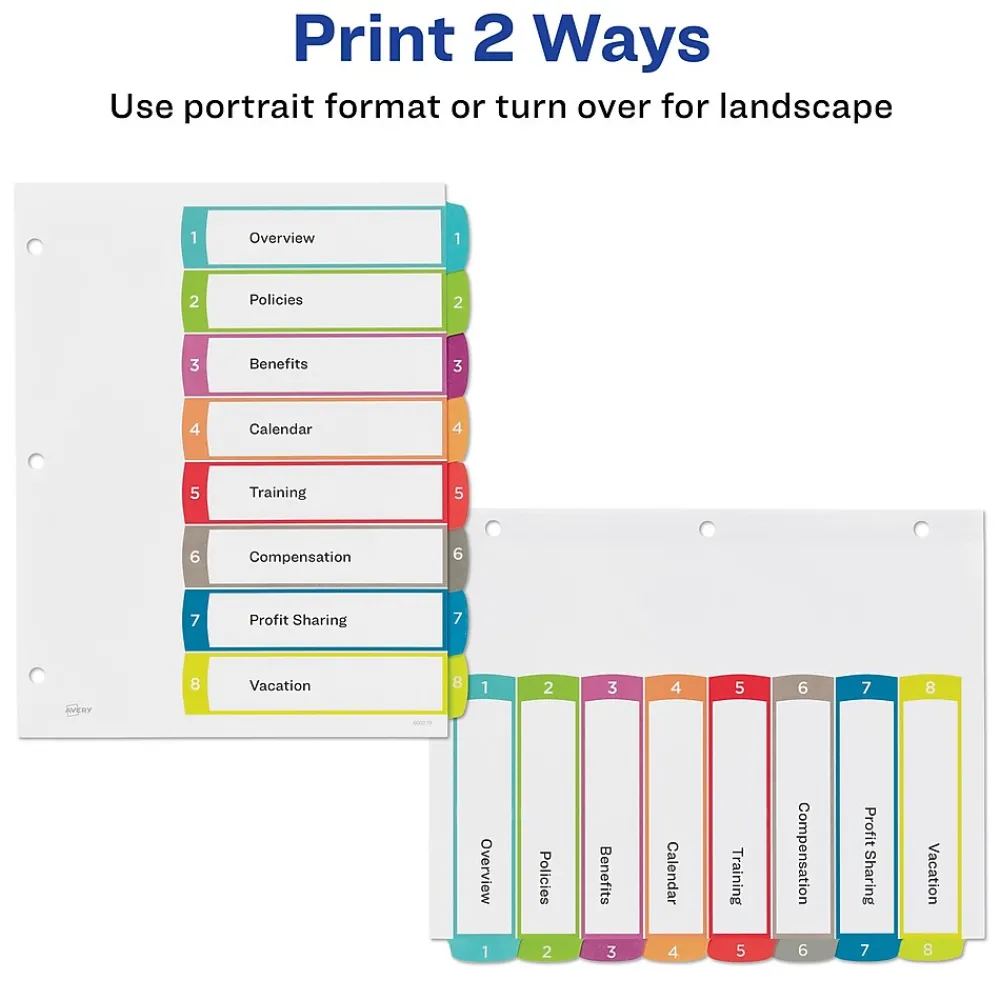 Dividers|Avery Ready Index Table of Contents Paper Dividers, 1-8 Tabs, Contemporary Multicolor (11841)