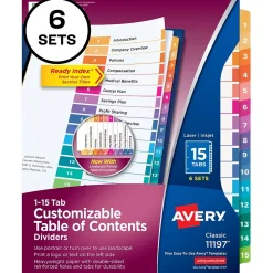 Dividers|Avery Ready Index Table of Contents Paper Dividers, 1-15 Tabs, Multicolor, 6 Sets/Pack (11197)