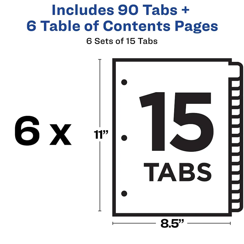 Dividers|Avery Ready Index Table of Contents Paper Dividers, 1-15 Tabs, Multicolor, 6 Sets/Pack (11197)
