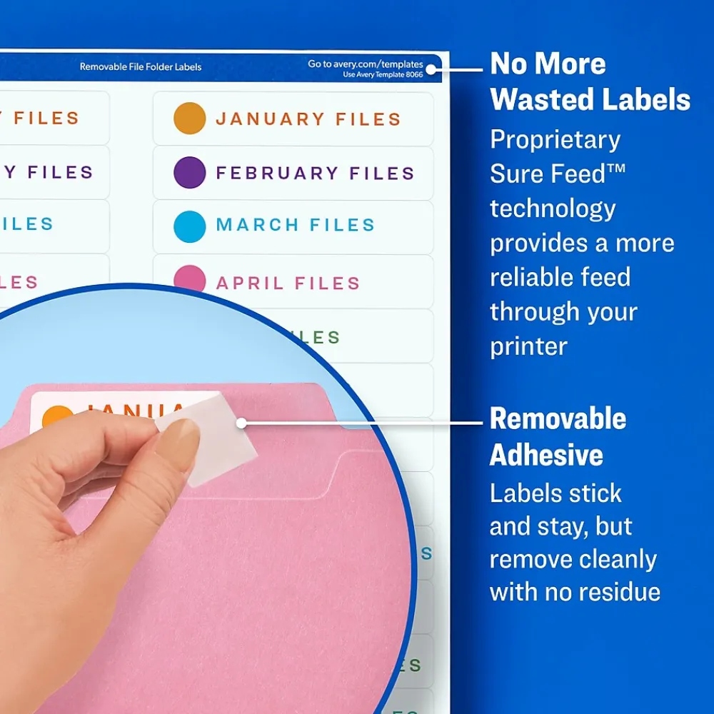 Labels|Avery Sure Feed Laser/Inkjet File Folder Labels, 2/3" x 3-7/16", White, 750 Labels/Pack (8066)