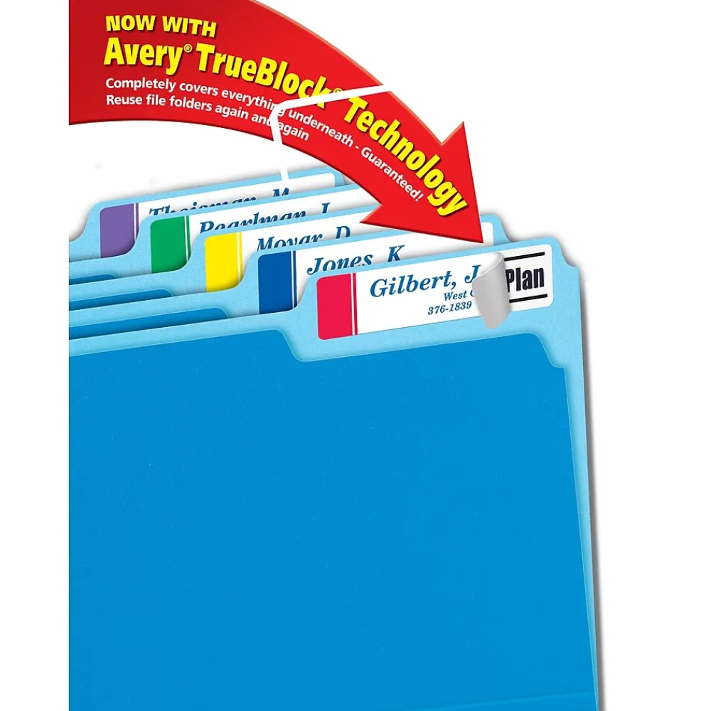 Labels|Avery TrueBlock Laser/Inkjet Extra Large File Folder Labels, 15/16" x 3-7/16", Assorted Colors, 450 Labels/Pack (5026)