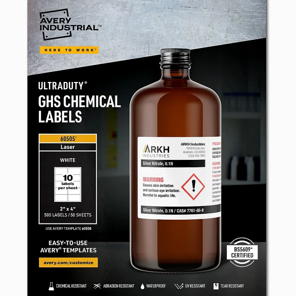 Labels|Avery UltraDuty Waterproof Laser GHS Chemical Labels, 2" x 4", White, 500 Labels/Box (60505)