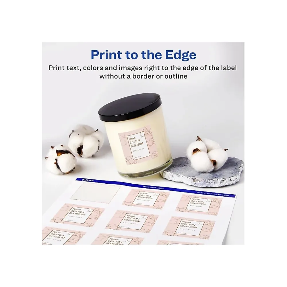 Labels|Avery Waterproof Laser/Pigment-Inkjet Square Labels, 2" x 2", Glossy White, 96 Labels/Pack (64510)