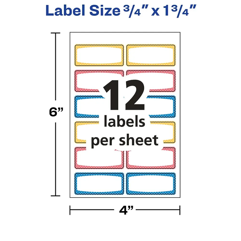 Labels|Avery Water-Resistant Laser/Inkjet ID Labels on 4" x 6" Sheets, 3/4" x 1-3/4", Assorted Border Colors, 60 Labels/Pack (41442)
