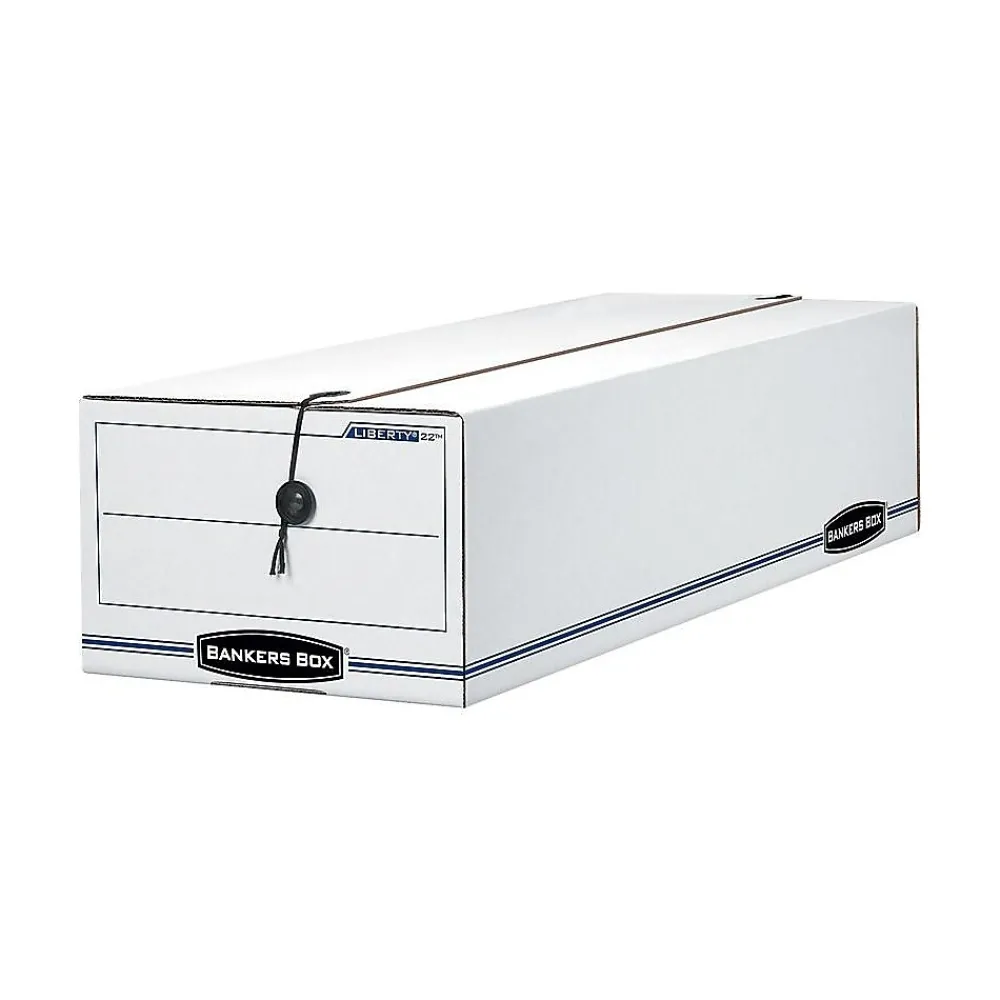 File Storage|Bankers Box® Bankers Box Liberty Corrugated File Storage Boxes, String & Button Closure, Check & Form Size, White/Blue, 12/Carton (00018)