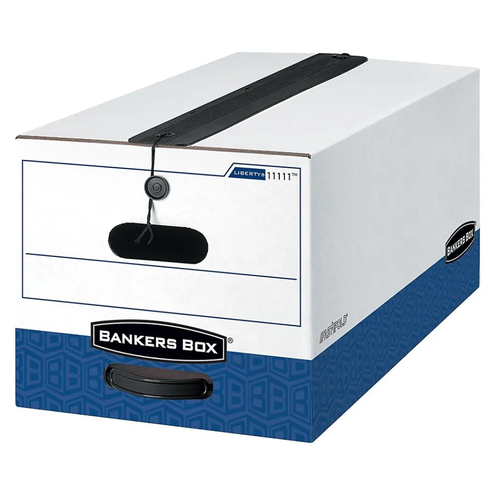 File Storage|Bankers Box® Liberty Plus Heavy Duty Corrugated Boxes with String & Button, Legal Size, White/Blue, 12/Carton (12112)