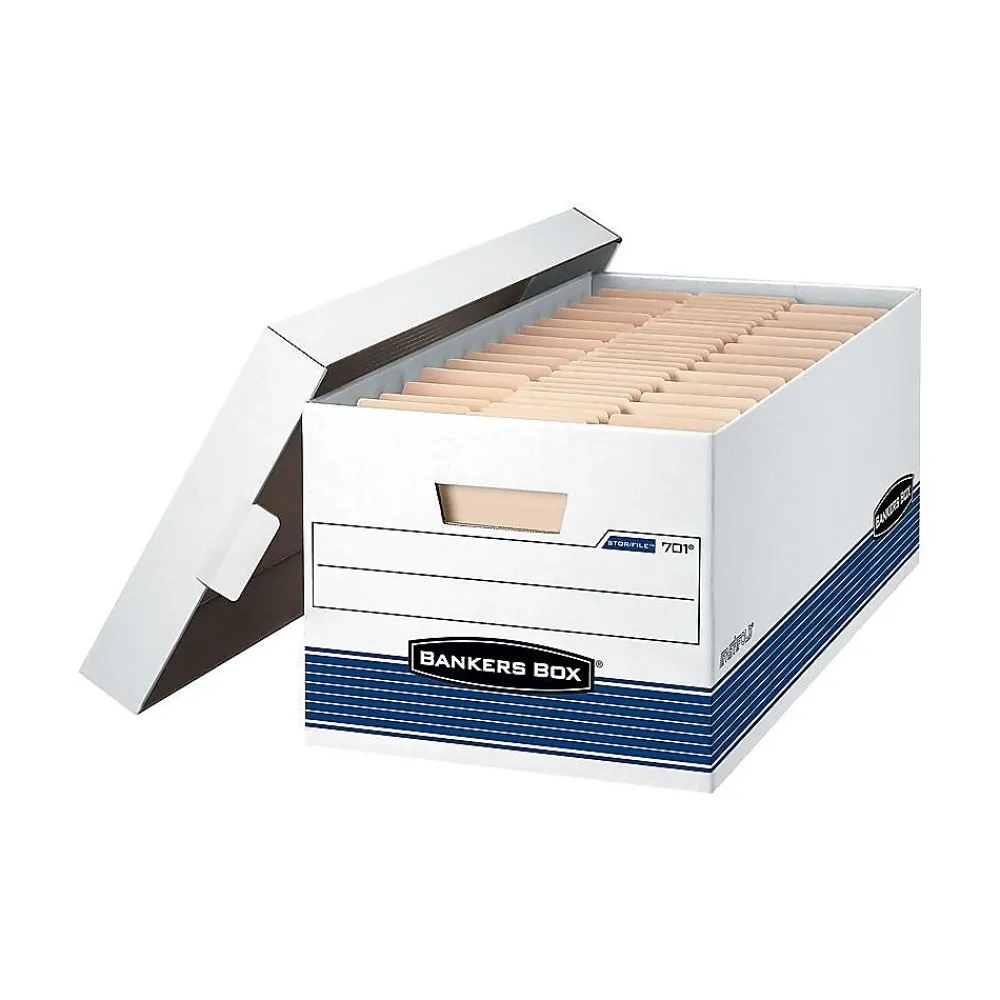 File Storage|Bankers Box® Medium-Duty Corrugated File Storage Boxes, Lift-Off Lid, Letter Size, White/Blue, 4/Carton (007014)