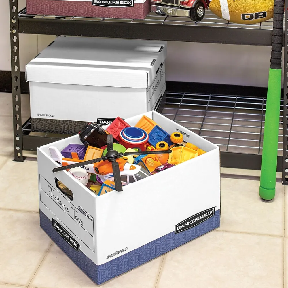 File Storage|Bankers Box® Bankers Box R-Kive® Heavy-Duty FastFold File Storage Boxes, Lift-Off Lid, Letter/Legal Size, White/Blue, 12/Carton (07243)