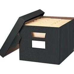 File Storage|Fellowes Bankers Box Stor/File Medium-Duty FastFold File Storage Boxes, Lift-Off Lid, Letter/Legal Size, Pinstripe, 4/Ct (0029803)