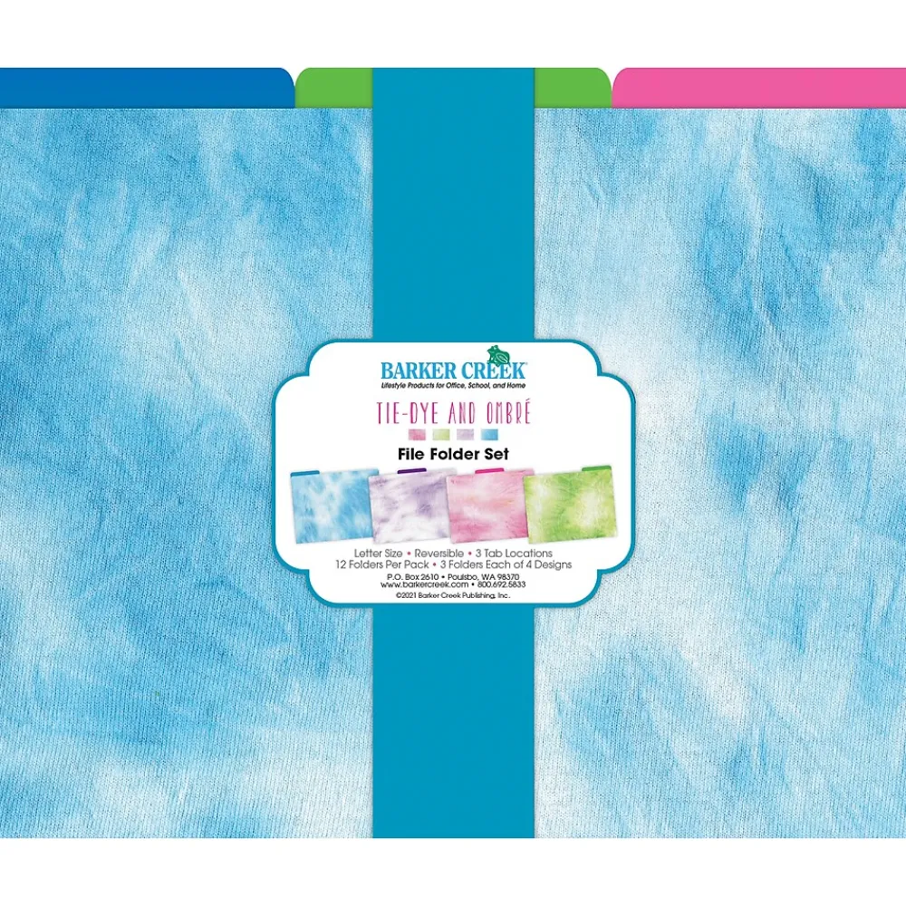 File Folders|Barker Creek Tie-Dye and Ombré File Folders, 3-Tab, Letter Size, Assorted, 12/Pack (1346)