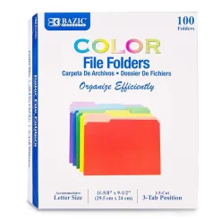 File Folders|Bazic COLOR File Folders, 1-Tab, Letter/Legal Size, Assorted Colors, 100/Box (BAZ3149)
