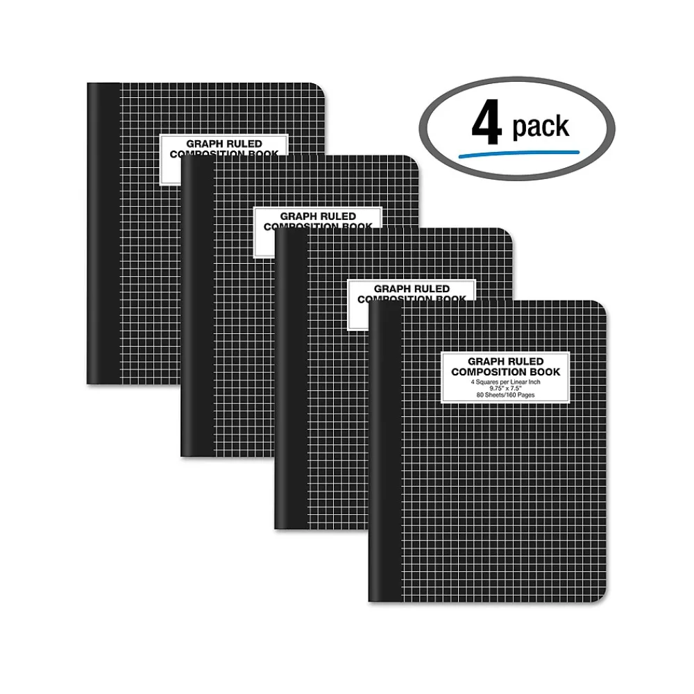 Composition Notebooks|Better Office Composition Notebooks, 7.5" x 9.75", Graph Ruled, 80 Sheets, Black, 4/Pack (25604-4PK)