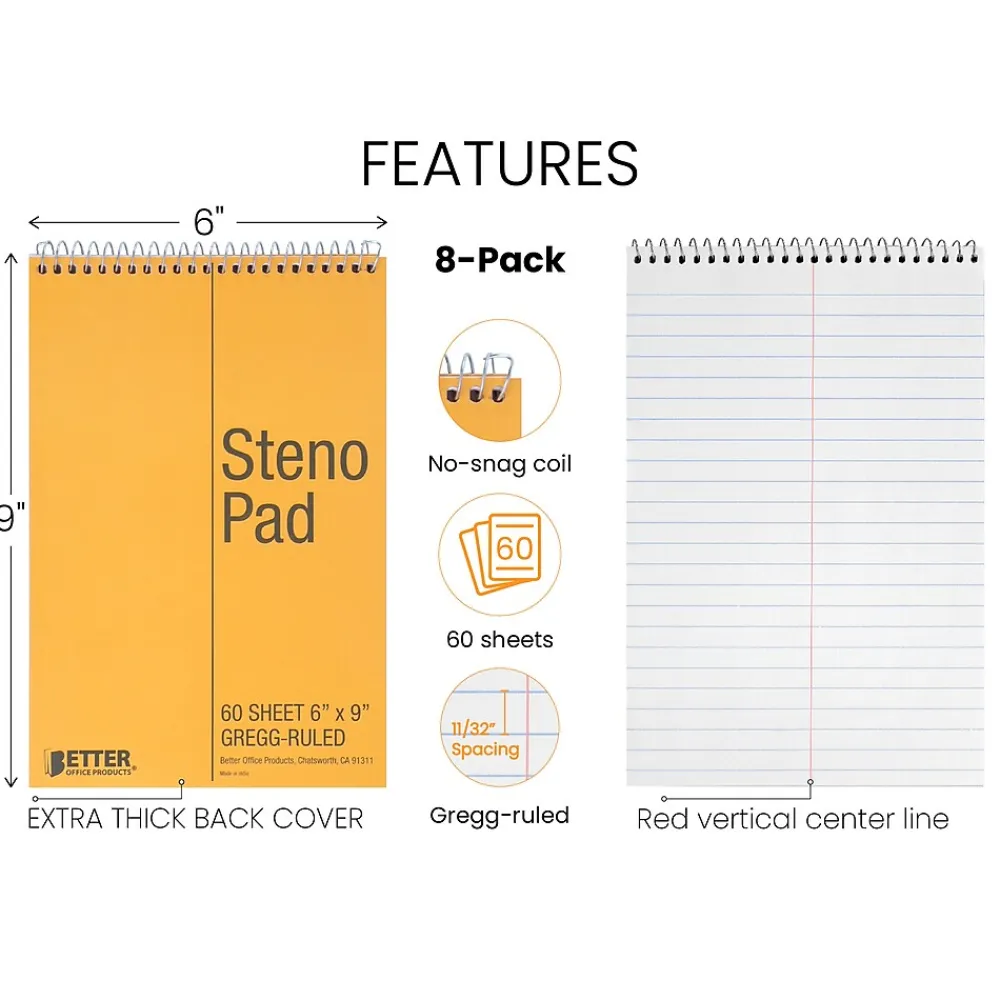 Notepads|Better Office Steno Pad, 6" x 9", Gregg-Ruled, Yellow, 60 Sheets/Pad, 8 Pads/Pack (25808-8PK)