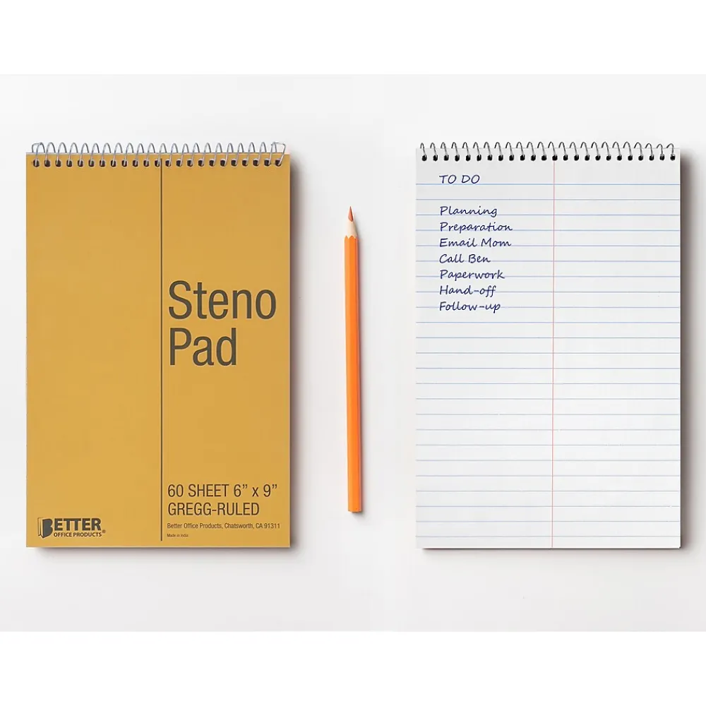 Notepads|Better Office Steno Pad, 6" x 9", Gregg-Ruled, Yellow, 60 Sheets/Pad, 8 Pads/Pack (25808-8PK)