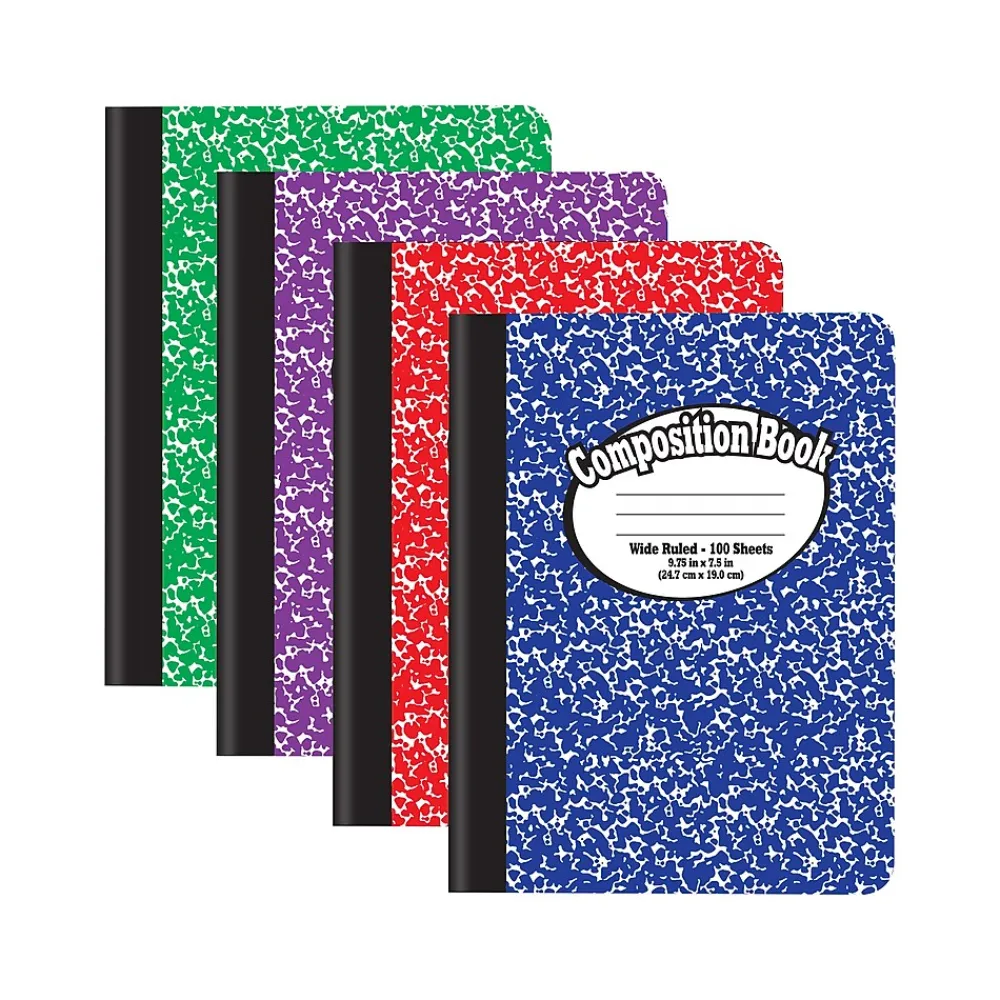Composition Notebooks|Better Office 1-Subject Composition Notebooks, 7.5" x 9.75", Wide Ruled, 100 Sheets, Assorted Colors, 12/Pack (25212-12PK)