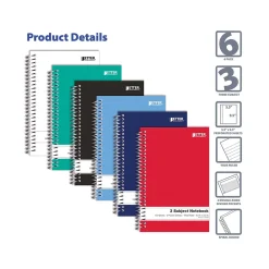 Subject Notebooks|Better Office 3-Subject Notebooks, 5.5" x 9.5", Wide Ruled, 150 Sheets, 6/Pack (25646-6PK)