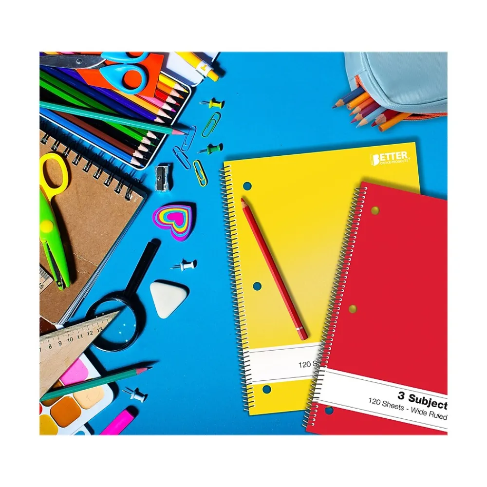 Subject Notebooks|Better Office 3-Subject Notebooks, 8" x 10.5", Wide Ruled, 120 Sheets, 6/Pack (25636-6PK)