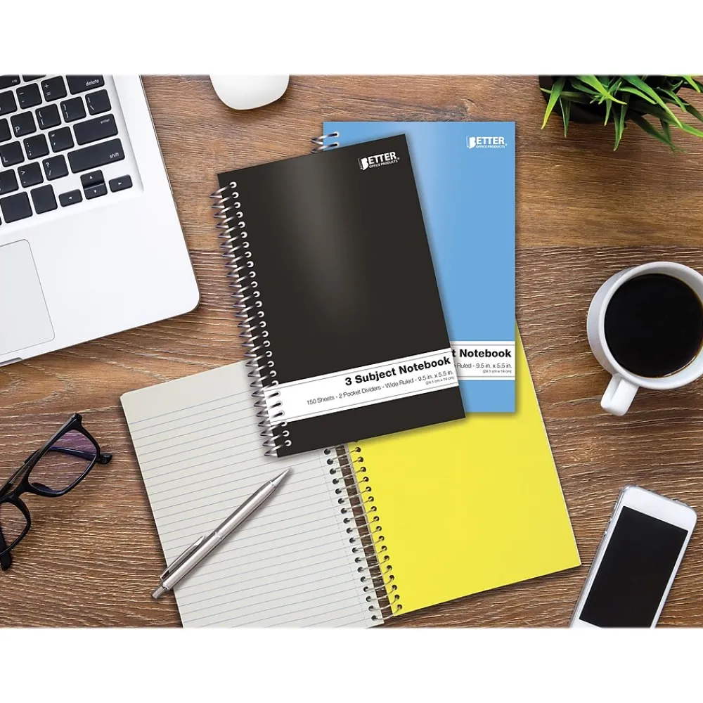 Subject Notebooks|Better Office 3-Subject Notebooks, 5.5" x 9.5", College Ruled, 150 Sheets, 6/Pack (25746-6PK)