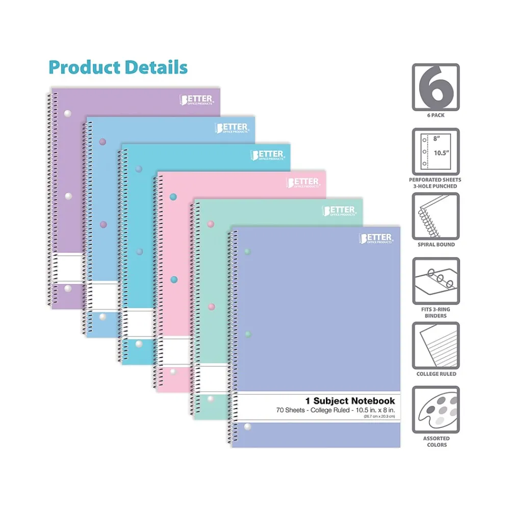 Subject Notebooks|Better Office 1-Subject Notebooks, 8" x 10.5", College Ruled, 70 Sheets, 6/Pack (25726-6PK)