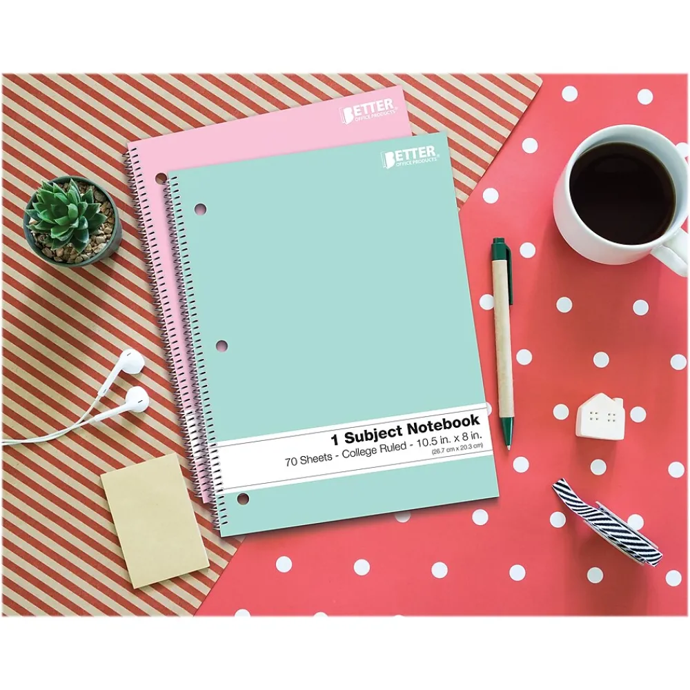 Subject Notebooks|Better Office 1-Subject Notebooks, 8" x 10.5", College Ruled, 70 Sheets, 6/Pack (25726-6PK)