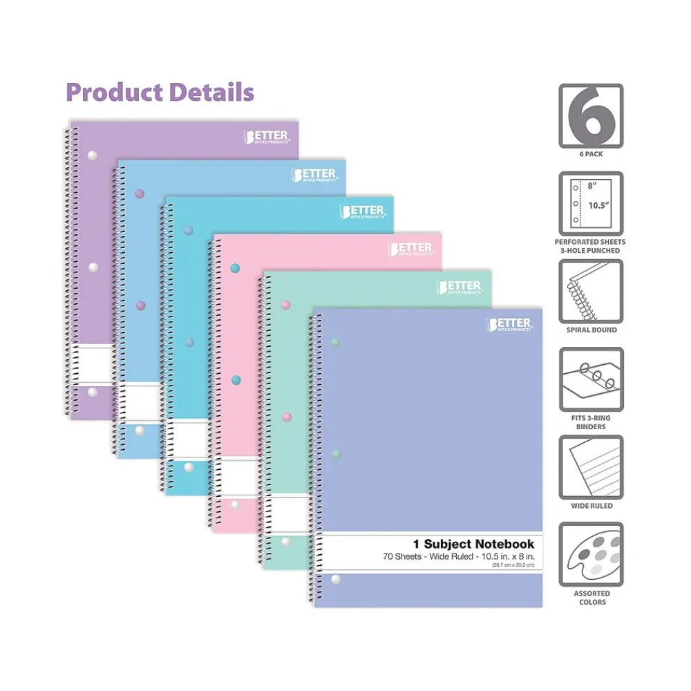 Subject Notebooks|Better Office 1-Subject Notebooks, 8" x 10.5", Wide Ruled, 70 Sheets, 6/Pack (25626-6PK)