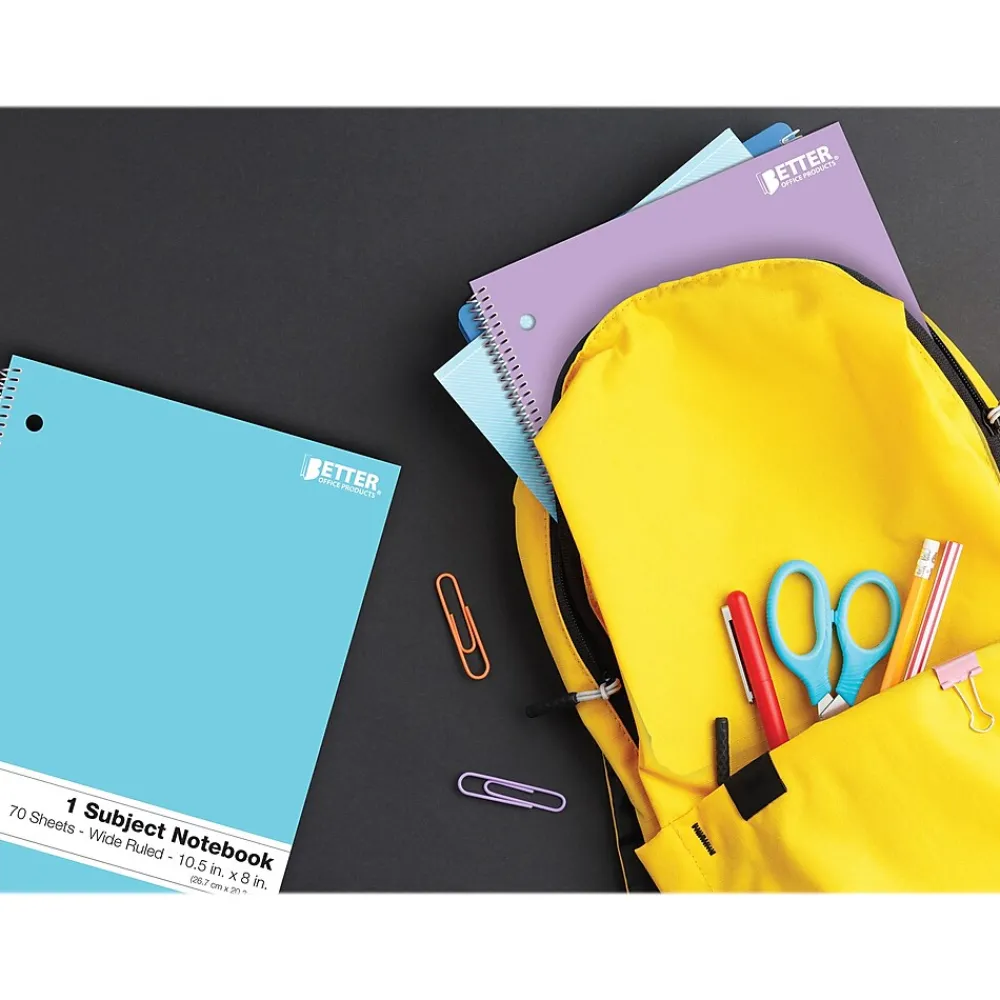 Subject Notebooks|Better Office 1-Subject Notebooks, 8" x 10.5", Wide Ruled, 70 Sheets, 6/Pack (25626-6PK)