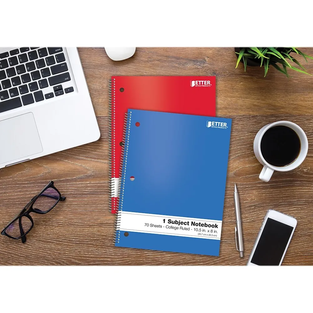 Subject Notebooks|Better Office 1-Subject Notebooks, 8" x 10.5", College Ruled, 70 Sheets, 24/Pack (25724-24PK)