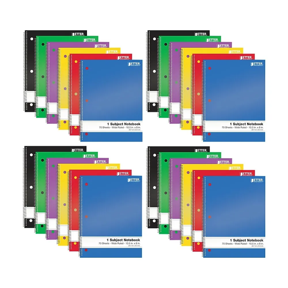 Subject Notebooks|Better Office 1-Subject Notebooks, 8" x 10.5", Wide Ruled, 70 Sheets, 24/Pack (25624-24PK)
