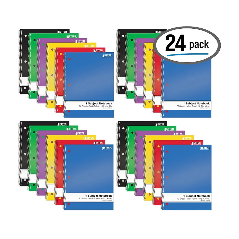 Subject Notebooks|Better Office 1-Subject Notebooks, 8" x 10.5", Wide Ruled, 70 Sheets, 24/Pack (25624-24PK)