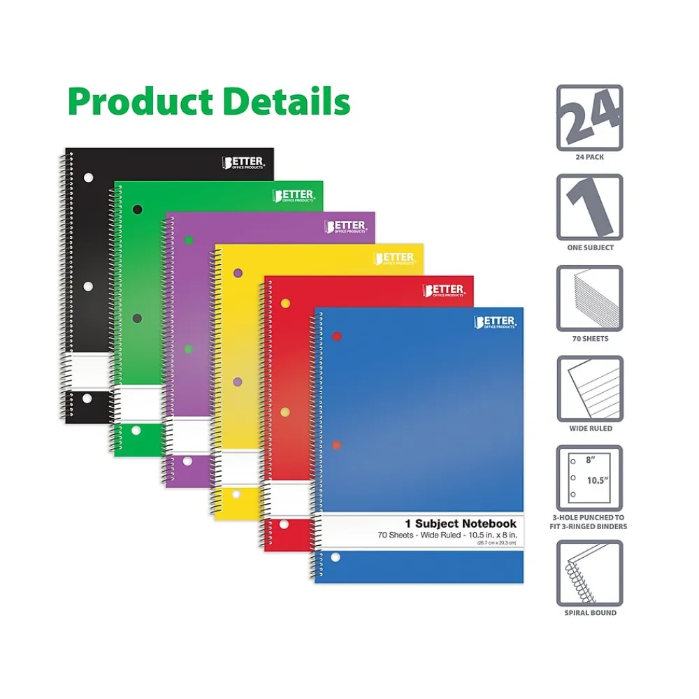 Subject Notebooks|Better Office 1-Subject Notebooks, 8" x 10.5", Wide Ruled, 70 Sheets, 24/Pack (25624-24PK)