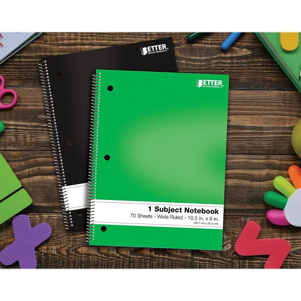 Subject Notebooks|Better Office 1-Subject Notebooks, 8" x 10.5", Wide Ruled, 70 Sheets, 24/Pack (25624-24PK)