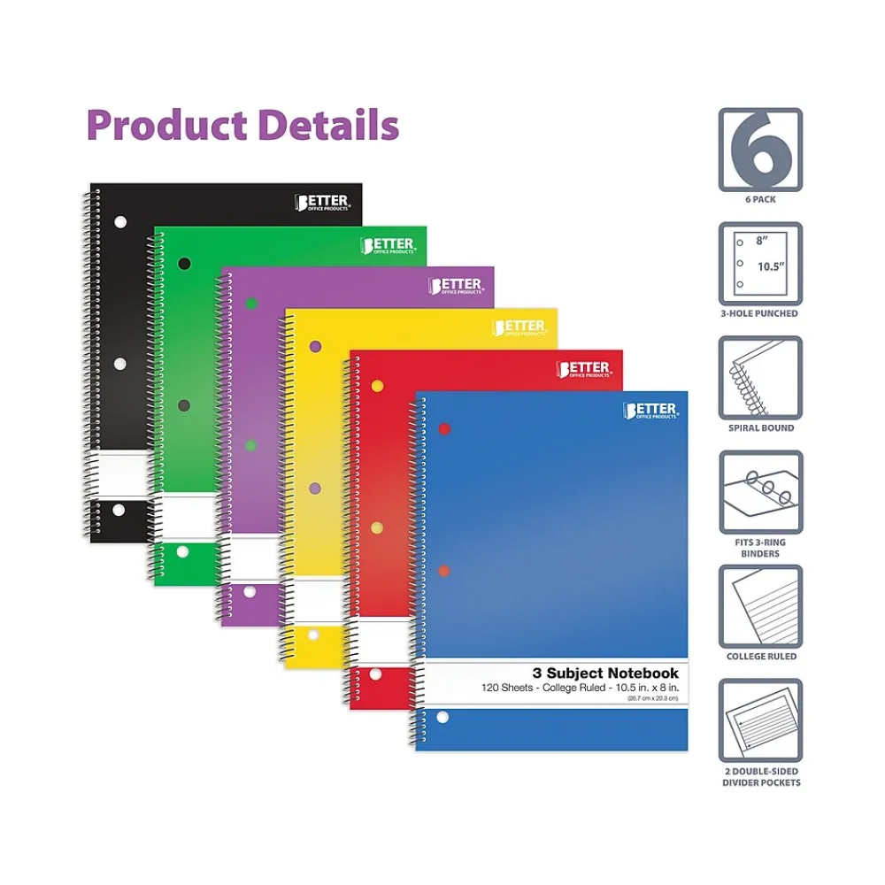 Subject Notebooks|Better Office 3-Subject Notebooks, 8" x 10.5", College Ruled, 120 Sheets, 6/Pack (25736-6PK)
