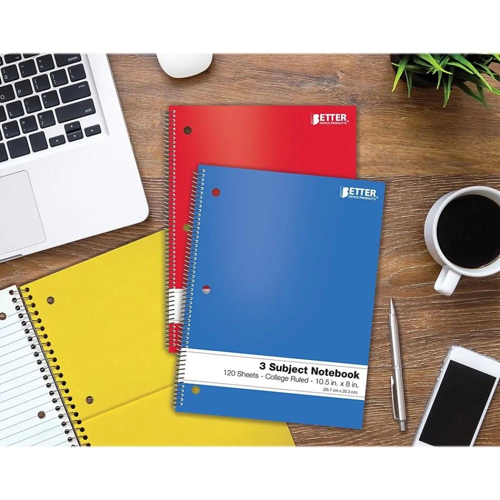 Subject Notebooks|Better Office 3-Subject Notebooks, 8" x 10.5", College Ruled, 120 Sheets, 6/Pack (25736-6PK)