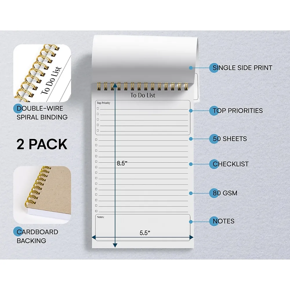 Notepads|Better Office To-Do List Notepad, 5.5" x 8.5", Ruled, White, 50 Sheets/Pad, 2 Pads/Pack (25824-2PK)