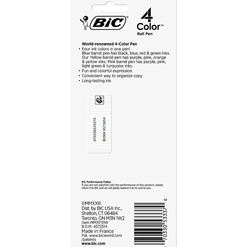 Pens|BIC 4-Color Retractable Ballpoint Pen, Medium Point, Assorted Inks, 3/Pack (MMXP31-AST)