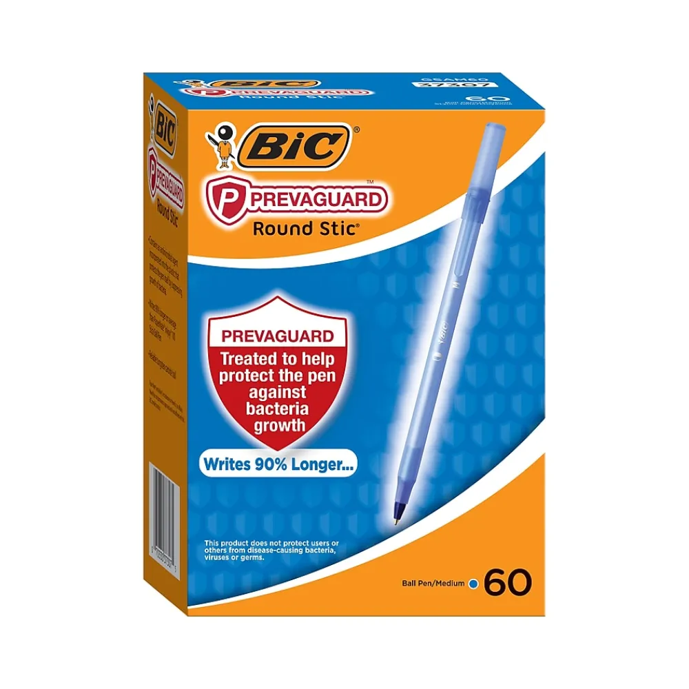 Pens|BIC PrevaGuard Round Stic Ballpoint Pen, Medium Point, Blue Ink, 60/Pack (GSAM60-BLU)