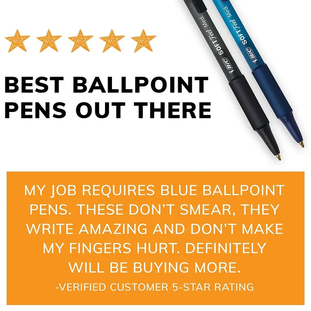 Pens|BIC Soft Feel Retractable Ballpoint Pens, Fine Point, 0.8mm, Black Ink, Dozen (12346/SCSF11BK)