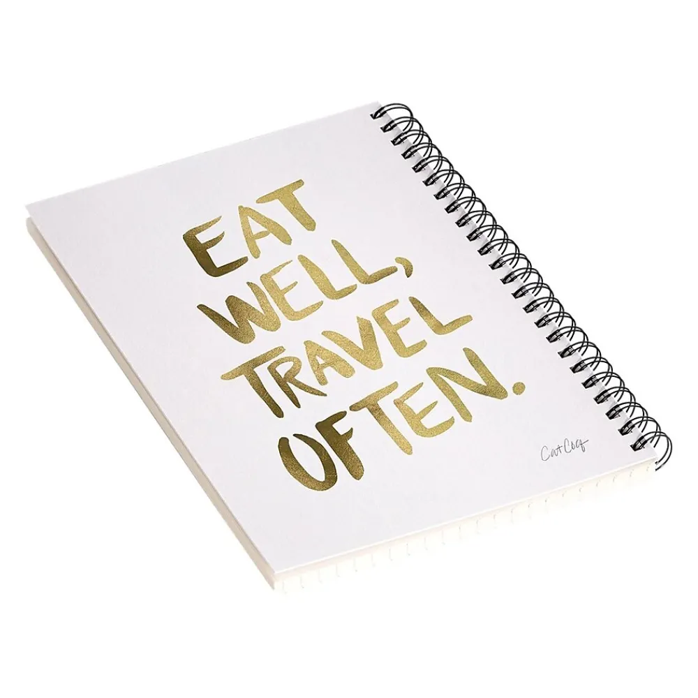 Notebooks|DENY Designs Eat Well Travel Often Gold by Cat Coquillette Notebook, 5.5" x 8.25", Dotted Ruled, 40 Sheets, White