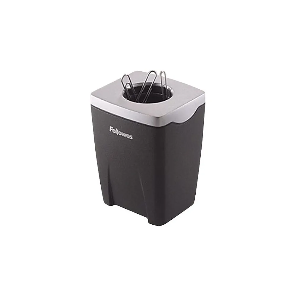 Clips & Fasteners|Fellowes ® Office Suites™ Paper Clip Cup, Black/Silver, 3-1/4"H x 2-4/9"W x 2-1/5"D (8032801)