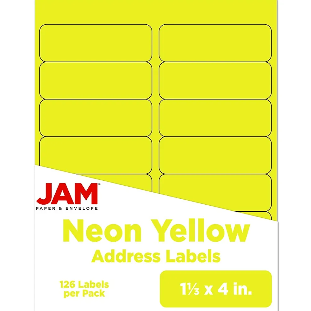 Labels|JAM Paper Address Labels, 1 1/3" x 4", Neon , 14 Labels/Sheet, 9 Sheets/Pack (359329614) Yellow