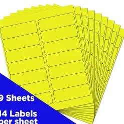 Labels|JAM Paper Address Labels, 1 1/3" x 4", Neon , 14 Labels/Sheet, 9 Sheets/Pack (359329614) Yellow
