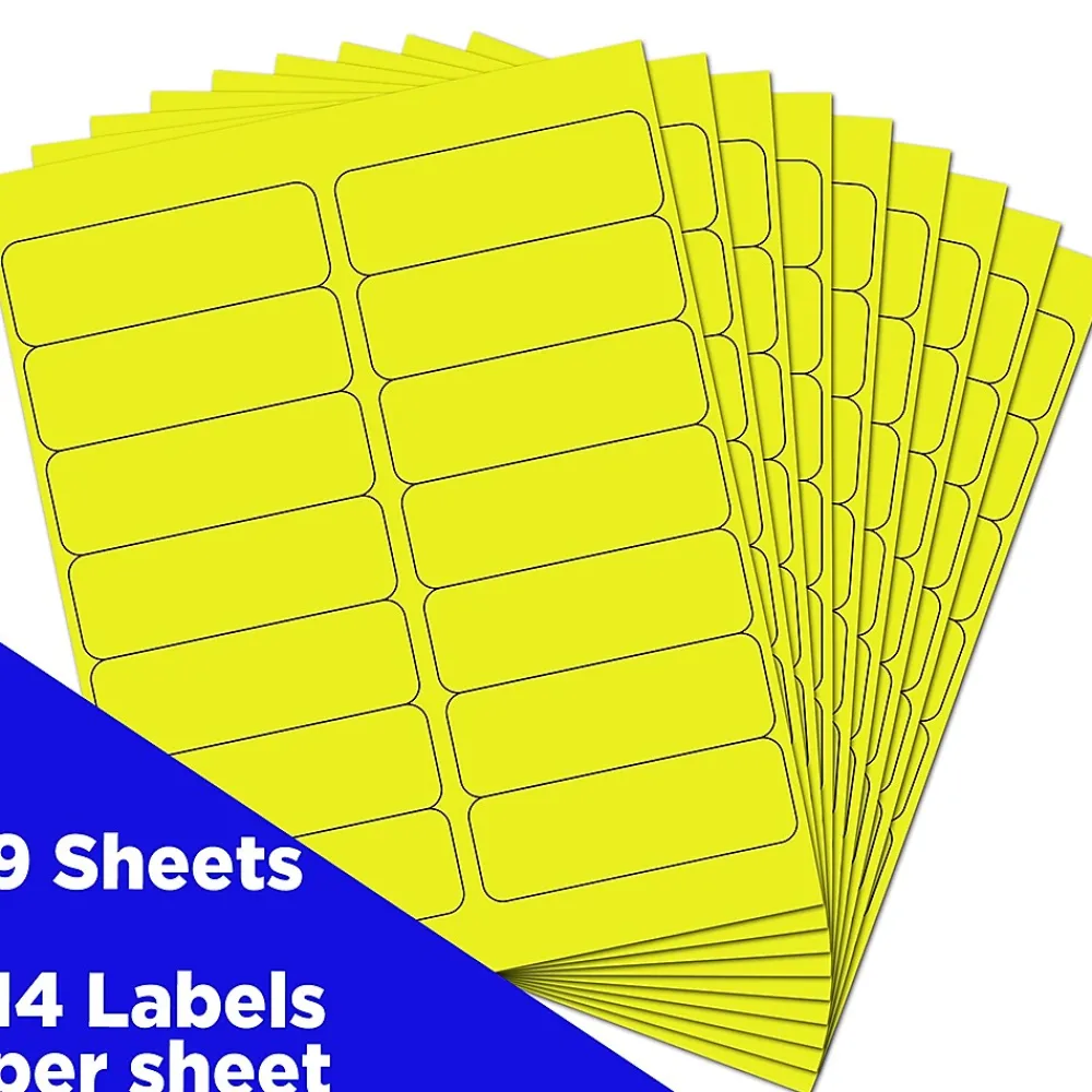 Labels|JAM Paper Address Labels, 1 1/3" x 4", Neon , 14 Labels/Sheet, 9 Sheets/Pack (359329614) Yellow