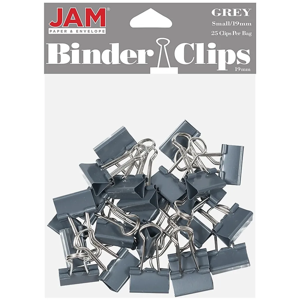Clips & Fasteners|JAM Paper Colored Binder Clips, Small, 3/8" Capacity, Grey, 25/Pack (334BCGY) Gray