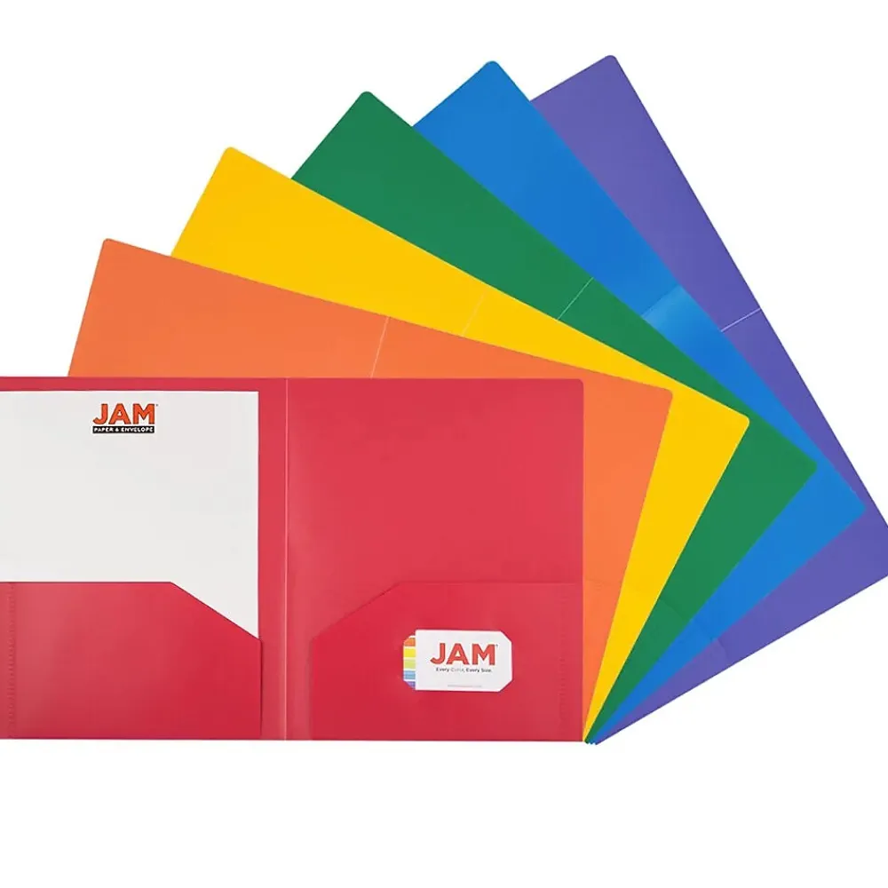 Pocket Folders|JAM Paper 2-Pocket Plastic Folders, Multicolored, Assorted Primary, 12/Pack (383HRGBYOPA)