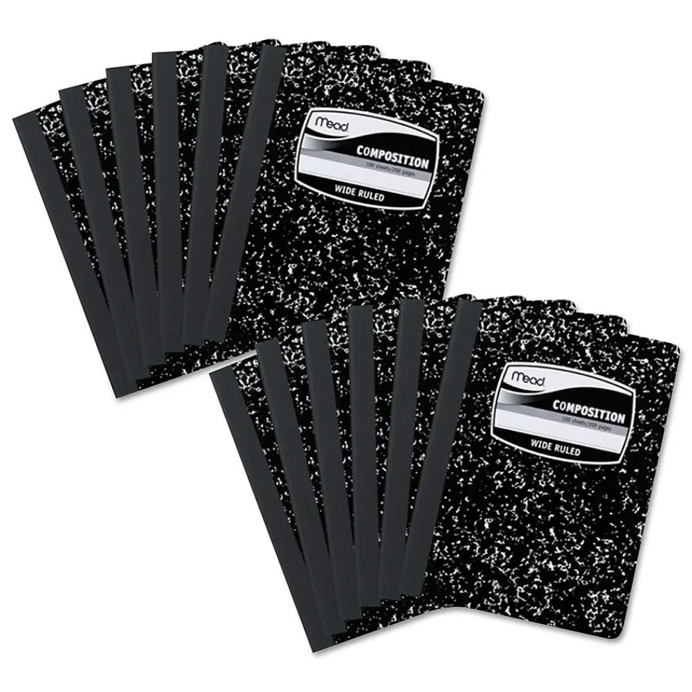 Subject Notebooks|Mead Composition Notebooks, 9.75" x 7.5", Wide Ruled, 100 Sheets, White, 12/Pack (MEA72936)