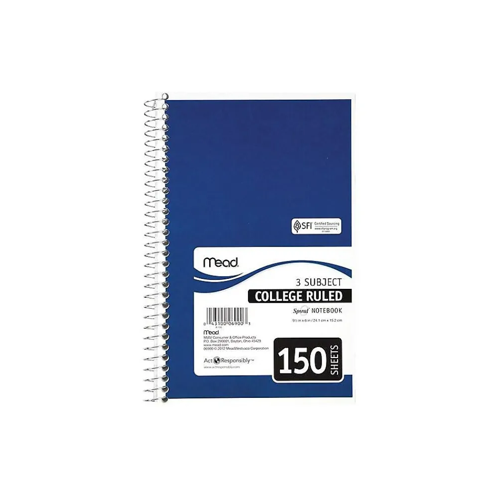 Notebooks|Mead Spiral 3-Subject Notebooks, 5.5" x 9.5", College Ruled, 150 Sheets (06900)