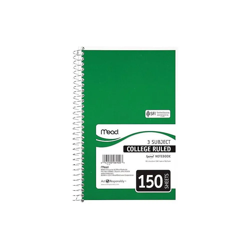 Notebooks|Mead Spiral 3-Subject Notebooks, 5.5" x 9.5", College Ruled, 150 Sheets (06900)