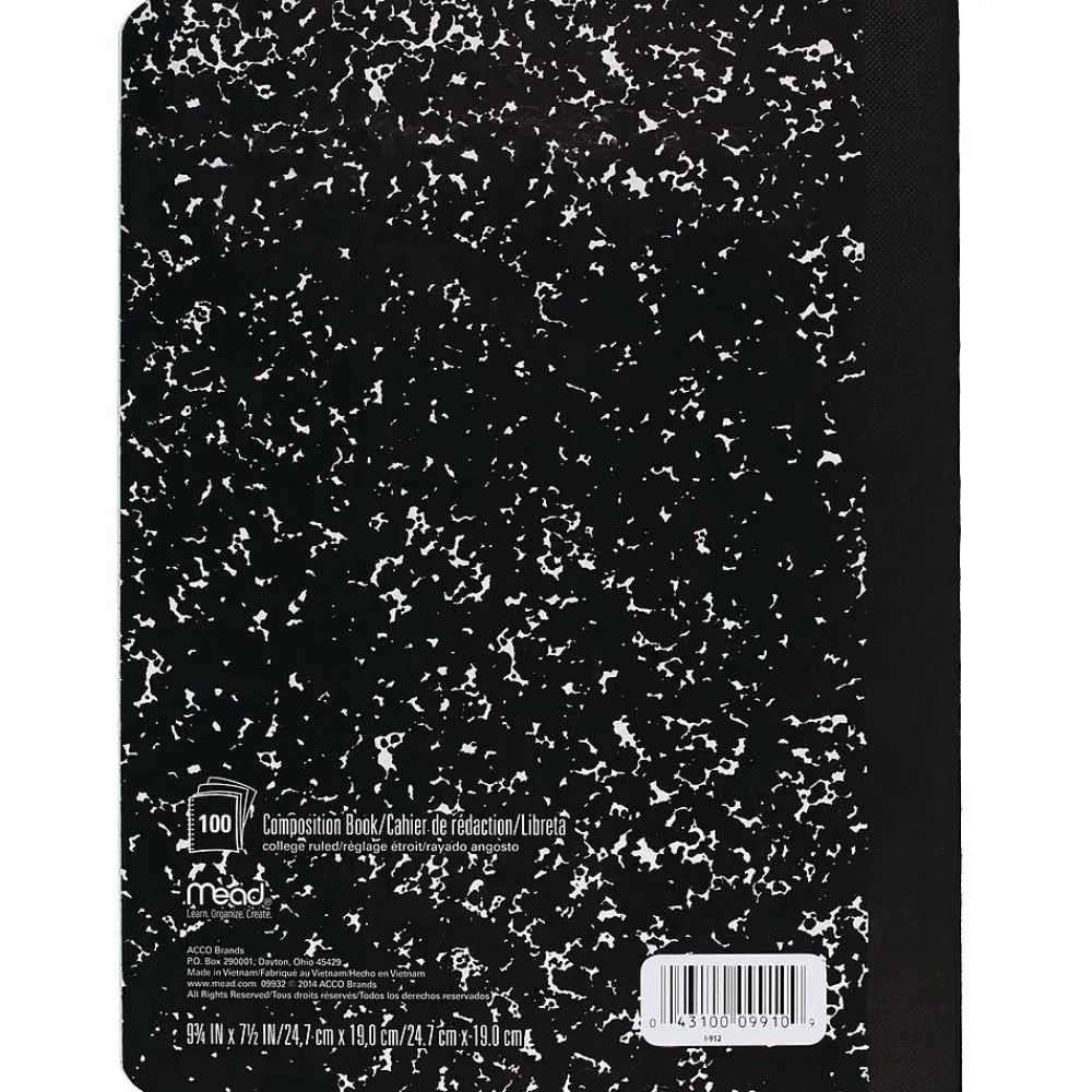 Composition Notebooks|Mead 1-Subject Composition Notebooks, 9.75" x 7.5", Wide Ruled, 100 Sheets, Black (09910)